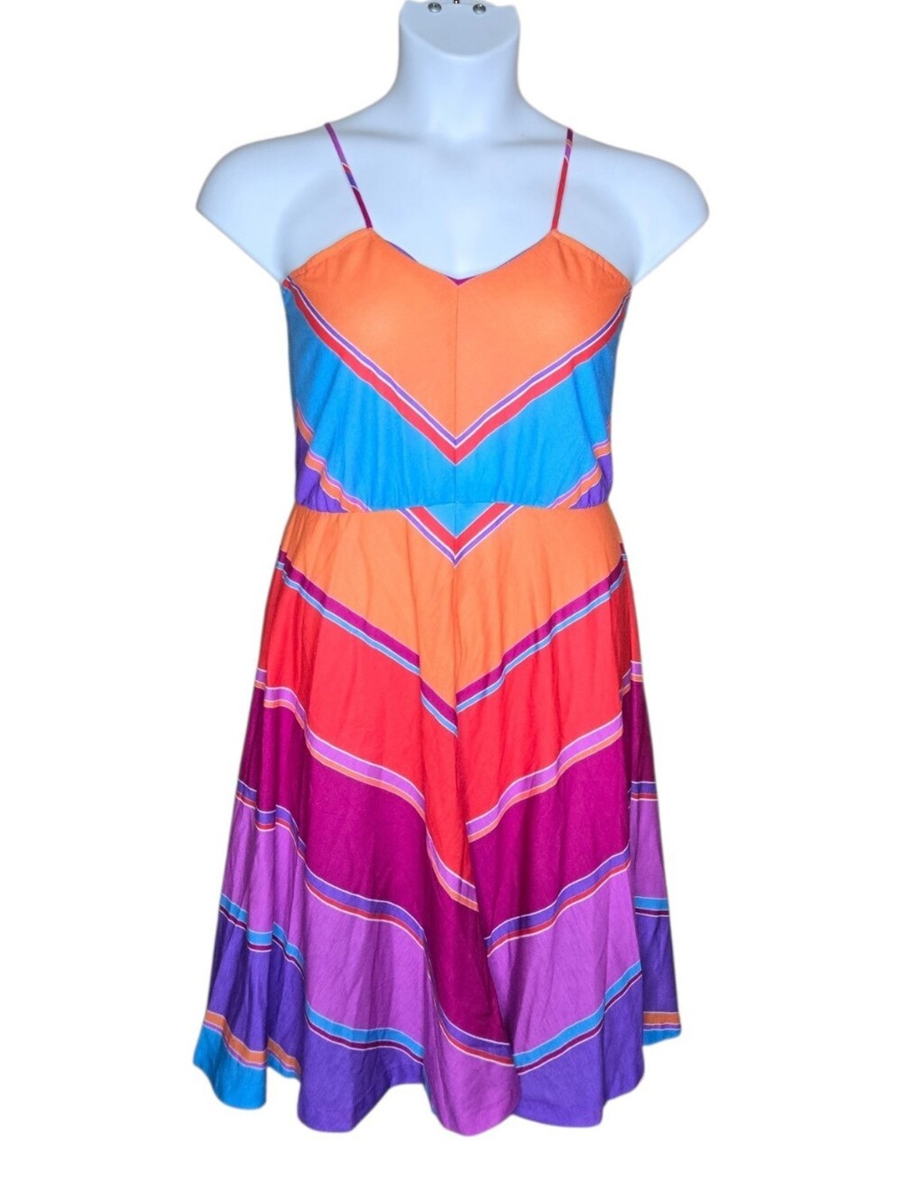 VINTAGE 70s rainbow chevron spaghetti strap fit and flare casual dress S